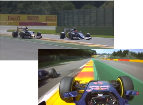 Verstappen puts all four over the line on exit of Blanchimont in his battle with Nasr