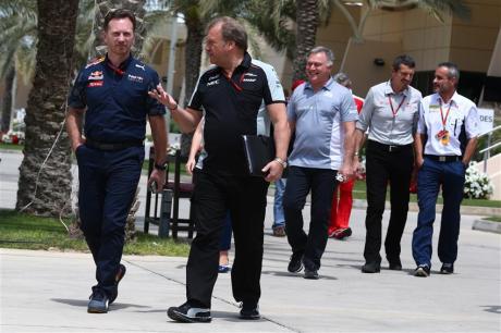 Team bosses walk to their meeting with FIA & FOM 2016 Bahrain Grand Prix c/o James Moy Photography